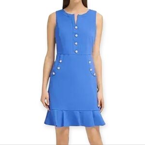 Karl Lagerfeld Paris Scuba Crepe Womens Blue A-Line Dress Pearl Accents Sz 14